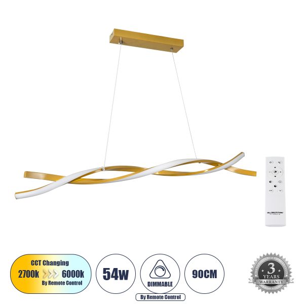 MORALES 61278 Κρεμαστό Φωτιστικό Οροφής Design LED CCT 54W 6048lm 200° AC 220-240V - Εναλλαγή Φωτισμού μέσω Τηλεχειριστηρίου All In One Ψυχρό 6000k+Φυσικό 4500k+Θερμό 2700k Dimmable Μ90 x Π14 x Υ14cm - Χρυσό Πλατίνα - 3 Years Warranty
