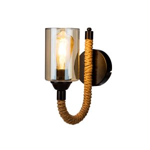 RIFT 203-0002 Vintage Επιτοίχιο Φωτιστικό Απλίκα Σχοινί Μονόφωτο 1 x E27 IP20 Μαύρο Μέταλλο με Μπεζ Σχοινί με Φιμέ Γυαλί – Μ22.5 x Π22.5 x Υ28.5cm