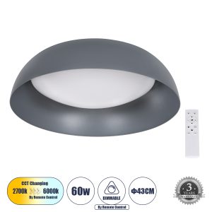 ANATOLIA 61262 Πλαφονιέρα Οροφής LED CCT 60W 6900lm 120° AC 220-240V – Εναλλαγή Φωτισμού μέσω Τηλεχειριστηρίου All In One Ψυχρό 6000k+Φυσικό 4500k+Θερμό 2700k Dimmable Φ43cm – Γκρι Ανθρακί – 3 Years Warranty
