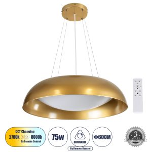 ANATOLIA 61270 Κρεμαστή Πλαφονιέρα Οροφής LED CCT 75W 8625lm 120° AC 220-240V – Εναλλαγή Φωτισμού μέσω Τηλεχειριστηρίου All In One Ψυχρό 6000k+Φυσικό 4500k+Θερμό 2700k Dimmable Φ60cm – Χρυσό – 3 Years Warranty