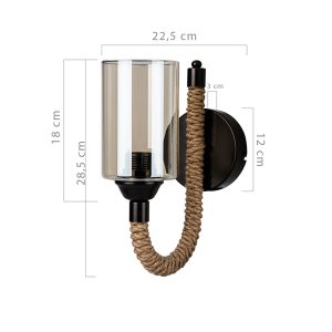 RIFT 203-0002 Vintage Επιτοίχιο Φωτιστικό Απλίκα Σχοινί Μονόφωτο 1 x E27 IP20 Μαύρο Μέταλλο με Μπεζ Σχοινί με Φιμέ Γυαλί – Μ22.5 x Π22.5 x Υ28.5cm