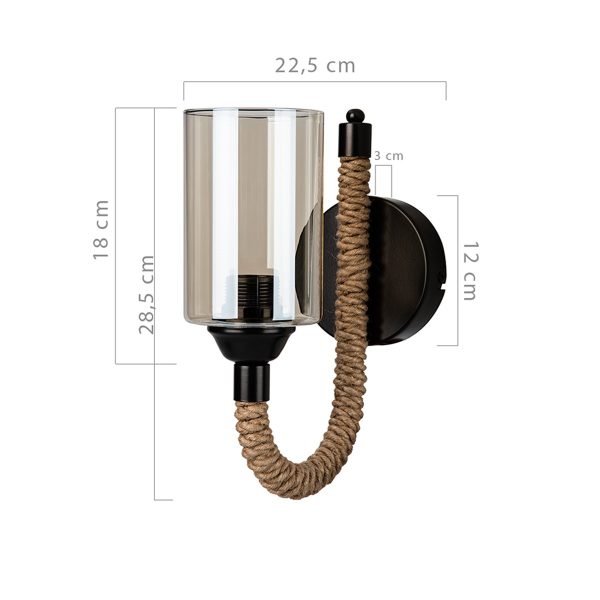 RIFT 203-0002 Vintage Επιτοίχιο Φωτιστικό Απλίκα Σχοινί Μονόφωτο 1 x E27 IP20 Μαύρο Μέταλλο με Μπεζ Σχοινί με Φιμέ Γυαλί - Μ22.5 x Π22.5 x Υ28.5cm - Image 2