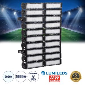 GOLIATH 90105 Προβολέας Γηπέδου LED 1000W 160000LM SDCM<5 75°*135° Fish Eye Lens AC 100-277V Αδιάβροχο IP65 IK08 Ψυχρό Λευκό 5000K - LUMILEDs SMD Chip & MEANWELL Driver - Μαύρο Χυτό Αλουμίνιο - Μ62 x Π22 x Υ90cm - 5 Χρόνια Εγγύηση