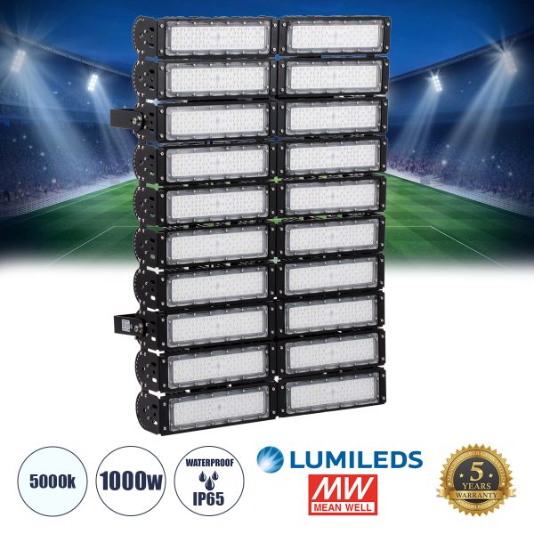 GOLIATH 90105 Προβολέας Γηπέδου LED 1000W 160000LM SDCM<5 75°*135° Fish Eye Lens AC 100-277V Αδιάβροχο IP65 IK08 Ψυχρό Λευκό 5000K - LUMILEDs SMD Chip & MEANWELL Driver - Μαύρο Χυτό Αλουμίνιο - Μ62 x Π22 x Υ90cm - 5 Χρόνια Εγγύηση