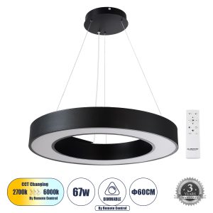RA 61194 Κρεμαστό Φωτιστικό Δαχτυλίδι-Κύκλος LED CCT 67W 7370lm 120° AC 220-240V – Εναλλαγή Φωτισμού μέσω Τηλεχειριστηρίου All In One Ψυχρό 6000k+Φυσικό 4500k+Θερμό 2700k Dimmable Φ60cm – Μαύρο – 3 Years Warranty
