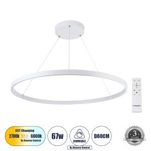 DIAMOND 61521 Κρεμαστό Φωτιστικό Δαχτυλίδι-Κύκλος LED CCT 67W 7504lm 360° AC 220-240V – Εναλλαγή Φωτισμού μέσω Τηλεχειριστηρίου All In One Ψυχρό 6000k+Φυσικό 4500k+Θερμό 2700k Dimmable Φ80cm – Λευκό – 3 Years Warranty