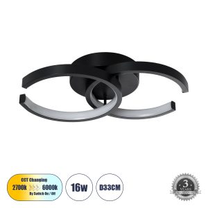 EVA 61067 Φωτιστικό Οροφής Design LED CCT 16W 1920lm 300° AC 220-240V – Εναλλαγή Φωτισμού μέσω Διακόπτη On/Off All In One Ψυχρό 6000k+Φυσικό 4500k+Θερμό 2700k Μ33 x Π21 x Υ7cm – Μαύρο