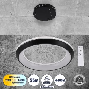 MELINA 61043 Κρεμαστή Πλαφονιέρα Οροφής Κύκλος LED CCT 55W 6376lm 120° AC 220-240V – Εναλλαγή Φωτισμού μέσω Τηλεχειριστηρίου All In One Ψυχρό Λευκό 6000k+Φυσικό Λευκό 4500k+Θερμό Λευκό 2700k Dimmable Φ48cm – Μαύρο – 3 Years Warranty