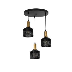 RADIANT 201-0097 Vintage Κρεμαστό Φωτιστικό Πλέγμα Τρίφωτο 3 x E27 IP20 Μαύρο & Χρυσό Μέταλλο – Μ38 x Π38 x Υ50cm