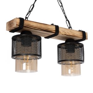 GLORA 201-0008 Vintage Κρεμαστό Φωτιστικό Ράγα Δίφωτο 2 x E27 IP20 Μπεζ Ξύλο με Μαύρο Μέταλλο & Μελί Γυαλί – Μ38 x Π12 x Υ21cm
