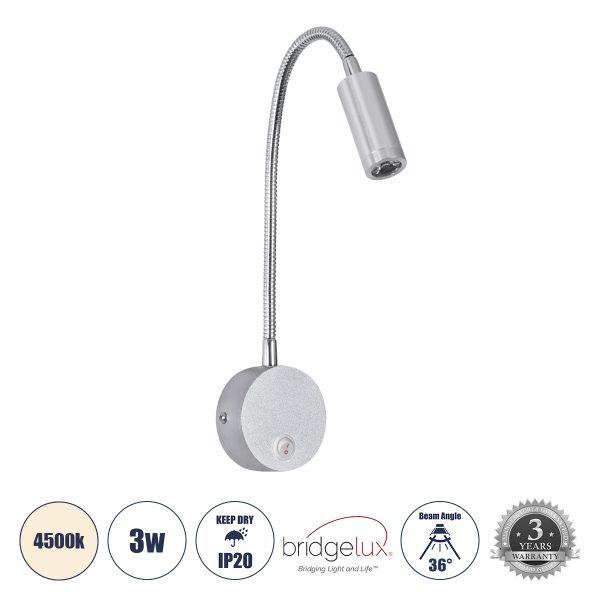 GOOSE 60879 Μοντέρνο Φωτιστικό Τοίχου - Απλίκα Ξενοδοχείου Bed Side LED 3W 300lm 36° AC 220-240V - Reading Light - Μ6.5 x Π15 x Υ24.5cm - Φυσικό Λευκό 4500K - Γκρι Νίκελ - 3 Xρόνια Εγγύηση