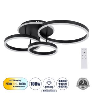 VENOM 61123 Φωτιστικό Οροφής Δαχτυλίδι-Κύκλος LED CCT 100W 12100lm 360° AC 220-240V – Εναλλαγή Φωτισμού μέσω Τηλεχειριστηρίου All In One Ψυχρό 6000k+Φυσικό 4500k+Θερμό 2700k Dimmable Φ25+30+40cm+BackLight – Μαύρο – 3 Years Warranty