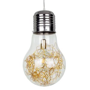 LAMP 00808 Μοντέρνο Κρεμαστό Φωτιστικό Φιγούρα Μονόφωτο 1 x E27 IP20 Ασημί & Χρυσό Μέταλλο με Διάφανο Γυαλί – Μ30 x Π30 x Υ52cm