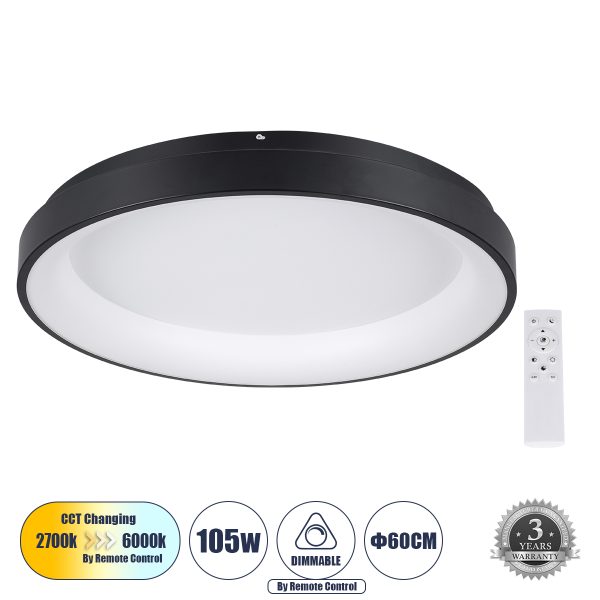 SALEM 61237 Μοντέρνο Φωτιστικό Οροφής LED 105W 12075lm 120° AC 220-240V IP20 Ρυθμιζόμενο Λευκό CCT με Χειριστήριο από 2700K έως 6000K Dimmable - Lumileds SMD Chip - Μαύρο Ματ - Μ60 x Π60 x Υ8.5cm - 3 Χρόνια Εγγύηση