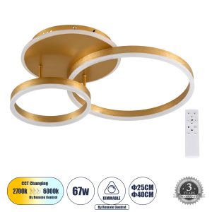 VENOM 61122 Φωτιστικό Οροφής Δαχτυλίδι-Κύκλος LED CCT 67W 8107lm 360° AC 220-240V – Εναλλαγή Φωτισμού μέσω Τηλεχειριστηρίου All In One Ψυχρό 6000k+Φυσικό 4500k+Θερμό 2700k Dimmable Φ25+40cm+BackLight – Χρυσό Βούρτσας – 3 Years Warranty