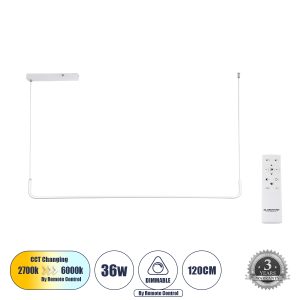 LINARIA 60922 Κρεμαστό Φωτιστικό Οροφής Design LED CCT 36W 4150lm 200° AC 220-240V – Εναλλαγή Φωτισμού μέσω Τηλεχειριστηρίου All In One Ψυχρό 6000k+Φυσικό 4500k+Θερμό 2700k Dimmable Μ120 x Π2 x Υ10cm – Λευκό – 3 Years Warranty