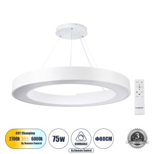 RA 61197 Κρεμαστό Φωτιστικό Δαχτυλίδι-Κύκλος LED CCT 75W 8250lm 120° AC 220-240V – Εναλλαγή Φωτισμού μέσω Τηλεχειριστηρίου All In One Ψυχρό 6000k+Φυσικό 4500k+Θερμό 2700k Dimmable Φ80cm – Λευκό – 3 Years Warranty