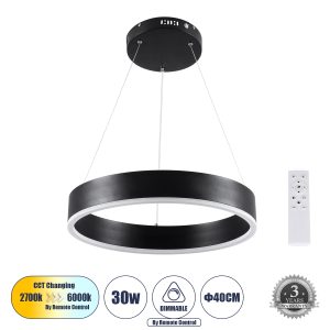 VENOM 61173 Κρεμαστό Φωτιστικό Δαχτυλίδι-Κύκλος LED CCT 30W 3513lm 120° AC 220-240V – Εναλλαγή Φωτισμού μέσω Τηλεχειριστηρίου All In One Ψυχρό 6000K+Φυσικό 4500K+Θερμό 2700K Dimmable Φ40cm – Μαύρο – 3 Years Warranty