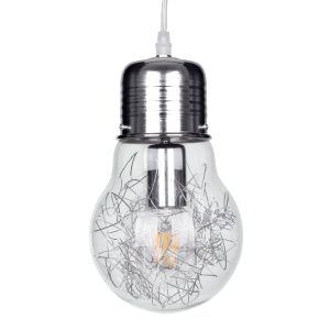 LAMP 01676 Μοντέρνο Κρεμαστό Φωτιστικό Φιγούρα Μονόφωτο 1 x E27 IP20 Ασημί Μέταλλο με Διάφανο Γυαλί – Μ15 x Π15 x Υ27cm