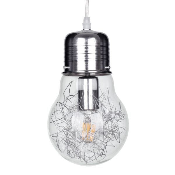 LAMP 01676 Μοντέρνο Κρεμαστό Φωτιστικό Φιγούρα Μονόφωτο 1 x E27 IP20 Ασημί Μέταλλο με Διάφανο Γυαλί - Μ15 x Π15 x Υ27cm