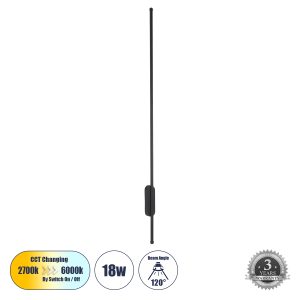 HARLEM 61335 Φωτιστικό Τοίχου – Απλίκα Design LED CCT 18W 2160lm 120° AC 220-240V – Εναλλαγή Φωτισμού μέσω Διακόπτη On/Off All In One Ψυχρό 6000k+Φυσικό 4500k+Θερμό 2700k Μ5 x Π4 x Υ120cm – Μαύρο – 3 Years Warranty