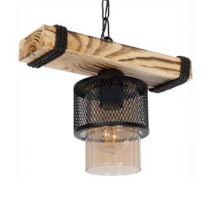 GLORA 201-0007 Vintage Κρεμαστό Φωτιστικό Ράγα Μονόφωτο 1 x E27 IP20 Μπεζ Ξύλο με Μαύρο Μέταλλο & Μελί Γυαλί – Μ29 x Π12 x Υ21cm