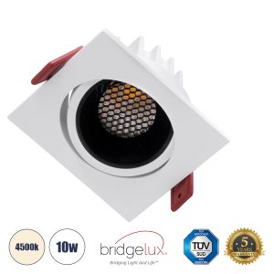 LEO-SQ 60288 Χωνευτό LED Spot Downlight TrimLess Μ8.5xΠ8.5cm 10W 1300lm 38° AC 220-240V IP20 Μ8.5 x Π8.5 x Υ6.6cm – Τετράγωνο – Κινούμενο – Λευκό με Μαύρο Κάτοπτρο & Anti-Glare HoneyComb – Φυσικό Λευκό 4500K – Bridgelux COB – 5 Years Warranty