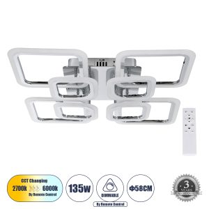 ROYAL-S 61326 Φωτιστικό Οροφής Design LED CCT 135W 16200lm 360° AC 220-240V – Εναλλαγή Φωτισμού μέσω Τηλεχειριστηρίου All In One Ψυχρό 6000k+Φυσικό 4500k+Θερμό 2700k Dimmable Μ58.5 x Π58.5 x Υ12cm – Ασημί Νίκελ – 3 Years Warranty