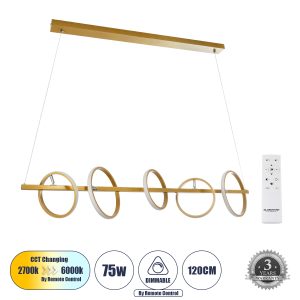 CIRCOLARE 61322 Κρεμαστό Φωτιστικό Οροφής Design LED CCT 75W 8400lm 360° AC 220-240V – Εναλλαγή Φωτισμού μέσω Τηλεχειριστηρίου All In One Ψυχρό 6000k+Φυσικό 4500k+Θερμό 2700k Dimmable Μ120 x Π25 x Υ25cm – Χρυσό – 3 Χρόνια Εγγύηση