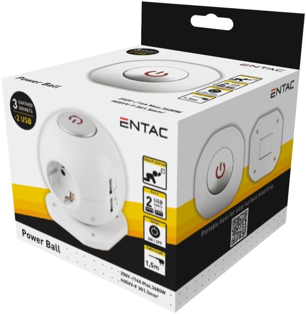 Entac Πολύπριζο 3 Θέσεων με Διακόπτη Μπάλα, 2x2.1A USB Θυρών 1.5m 3G1 - Image 2