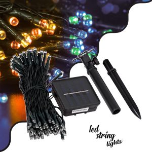 85809 Διακοσμητική Γιρλάντα 10 Μέτρων με Controller 8 Προγραμμάτων Φωτισμού – 100 LED 4W με Ενσωματωμένη Μπαταρία 600mAh – Φωτοβολταϊκό Πάνελ – Αισθητήρα Ημέρας-Νύχτας – Βάση Κήπου & Σκούρο Πράσινο Καλώδιο Αδιάβροχη IP65 Πολύχρωμη RGB Μ10m