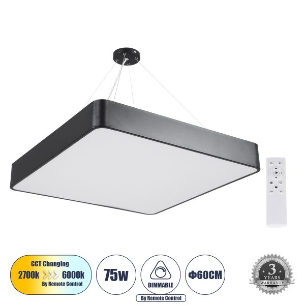 KAMALA 61208-P Κρεμαστή Πλαφονιέρα Οροφής LED CCT 75W 8625lm 120° AC 220-240V - Εναλλαγή Φωτισμού μέσω Τηλεχειριστηρίου All In One Ψυχρό 6000k+Φυσικό 4500k+Θερμό 2700k Dimmable Μ60 x Π60 x Υ8cm - Μαύρο - 3 Years Warranty