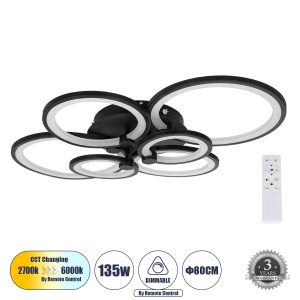 ROYAL-R 61323 Φωτιστικό Οροφής Design LED CCT 135W 16200lm 360° AC 220-240V – Εναλλαγή Φωτισμού μέσω Τηλεχειριστηρίου All In One Ψυχρό 6000k+Φυσικό 4500k+Θερμό 2700k Dimmable Μ80.5 x Π59 x Υ12cm – Μαύρο – 3 Years Warranty