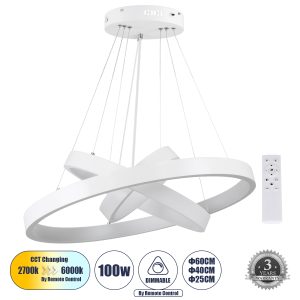 NEMESIS TRIO 61168-DECO Κρεμαστό Φωτιστικό Δαχτυλίδι-Κύκλος LED CCT 100W 12123lm 360° AC 220-240V – Εναλλαγή Φωτισμού μέσω Τηλεχειριστηρίου All In One Ψυχρό 6000k+Φυσικό 4500k+Θερμό 2700k Dimmable Φ25+40+60cm – Λευκό – 3 Years Warranty