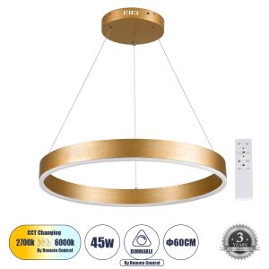 VENOM 61178 Κρεμαστό Φωτιστικό Δαχτυλίδι-Κύκλος LED CCT 45W 5269lm 120° AC 220-240V – Εναλλαγή Φωτισμού μέσω Τηλεχειριστηρίου All In One Ψυχρό 6000K+Φυσικό 4500K+Θερμό 2700K Dimmable Φ60cm – Χρυσό Βούρτσας – 3 Years Warranty