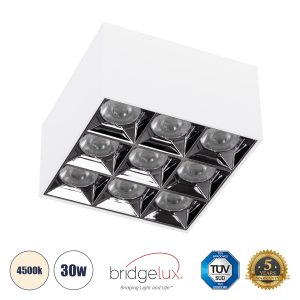 LUMINAR SUPERIOR 60338 Επιφανειακό LED Spot Downlight TrimLess 30W 4200lm 36° AC 220-240V IP20 Μ12 x Π12 x Υ6.6cm – Λευκό με Κάτοπτρο Χρωμίου – Φυσικό Λευκό 4500K – Bridgelux High Lumen Chip Gen2 – TÜV Certified Driver – 5 Years Warranty