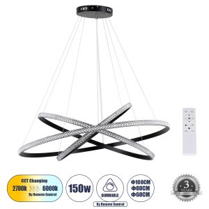 DIAMOND TRIO 61140-DECO Κρεμαστό Φωτιστικό Δαχτυλίδι-Κύκλος LED CCT 150W 18379lm 360° AC 220-240V – Εναλλαγή Φωτισμού μέσω Τηλεχειριστηρίου All In One Ψυχρό 6000k+Φυσικό 4500k+Θερμό 2700k Dimmable Φ60+80+100cm – Μαύρο – 3 Years Warranty