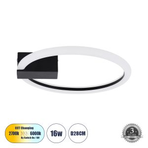 CINDERELLA 60976 Φωτιστικό Οροφής Δαχτυλίδι-Κύκλος LED CCT 16W 1792lm 360° AC 220-240V – Εναλλαγή Φωτισμού μέσω Διακόπτη On/Off All In One Ψυχρό 6000k+Φυσικό 4500k+Θερμό 2700k Φ28cm – Μαύρο – 3 Years Warranty
