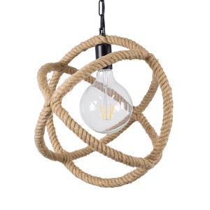 BALANCE 01596 Vintage Κρεμαστό Φωτιστικό Πλέγμα Μονόφωτο 1 x E27 IP20 Μαύρο Μέταλλο με Μπεζ Σχοινί – Μ35 x Π35 x Υ36cm