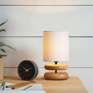 Φωτιστικό επιτραπέζιο Lucia  E14 ξύλινο – ύφασμα Pvc χρώμα φυσικό – κρεμ Ø15×35εκ.