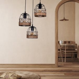 Φωτιστικό οροφής Lino  E27 μεταλλικό – σχοινί τρίφωτο χρώμα μαύρο 40x40x80εκ.