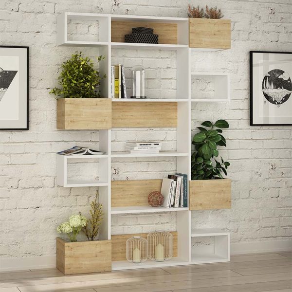 Βιβλιοθήκη Niho  χρώμα λευκό - φυσικό οξιάς 120x25,3x171εκ.