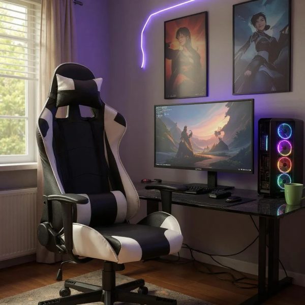 Καρέκλα γραφείου Gaming Alonso  από τεχνόδερμα χρώμα λευκό - μαύρο 67x70x125/135 εκ. - Image 3