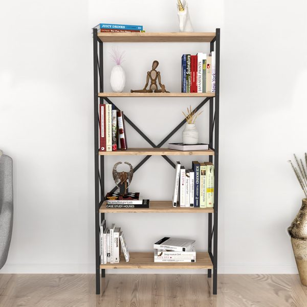 Βιβλιοθήκη Jocasta  μεταλλική - μελαμίνης χρώμα pine oak 66x34x160εκ. - Image 3