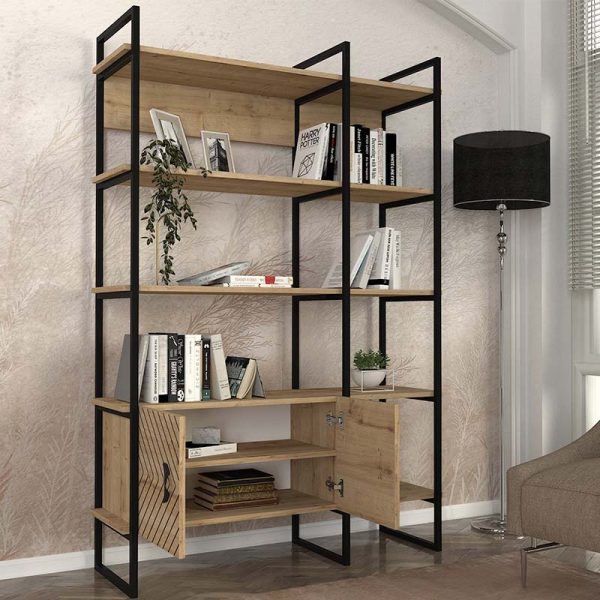 Βιβλιοθήκη Eduardo  μεταλλική - μελαμίνης χρώμα sapphire oak 120x39x180εκ. - Image 2
