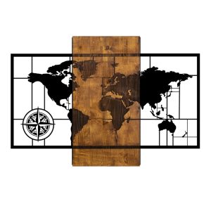 Διακοσμητικό τοίχου World Map  ξύλινο – μεταλλικό χρώμα καρυδί – μαύρο 85x3x58εκ.