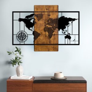 Διακοσμητικό τοίχου World Map  ξύλινο – μεταλλικό χρώμα καρυδί – μαύρο 85x3x58εκ.