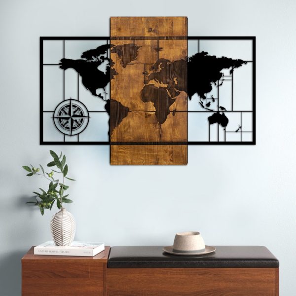 Διακοσμητικό τοίχου World Map  ξύλινο - μεταλλικό χρώμα καρυδί - μαύρο 85x3x58εκ. - Image 2
