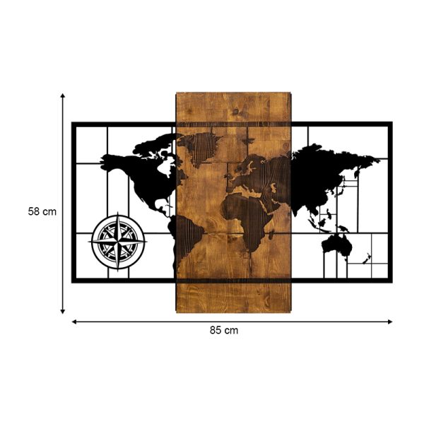 Διακοσμητικό τοίχου World Map  ξύλινο - μεταλλικό χρώμα καρυδί - μαύρο 85x3x58εκ. - Image 4