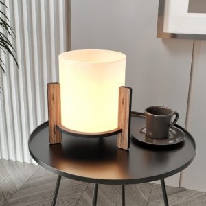 Φωτιστικό επιτραπέζιο Pine  E27 Mdf – ύφασμα Pvc χρώμα καρυδί – κρεμ Ø20×20εκ.